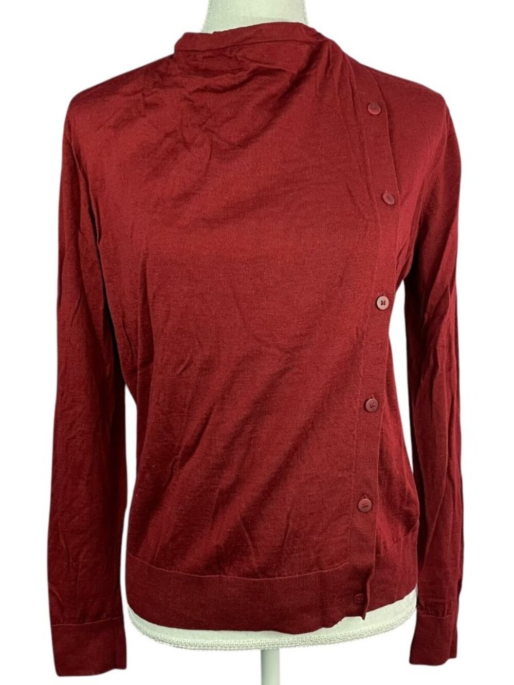 COS 100% Wool Sweater S Burgundy Red Button Side Accent Soft Lightweight Warm